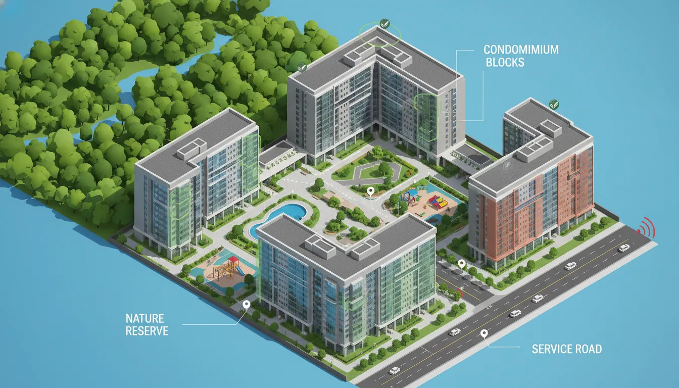 Isometric infographic of a condo site highlighting green-facing units, communal facilities, planned alleys and noisy service-road facing units